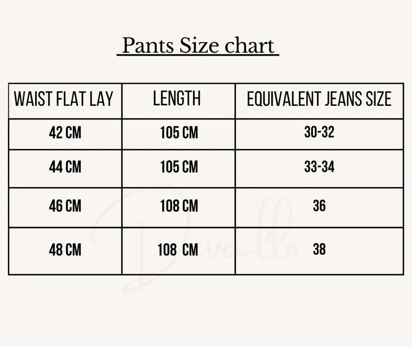 Pants size chart